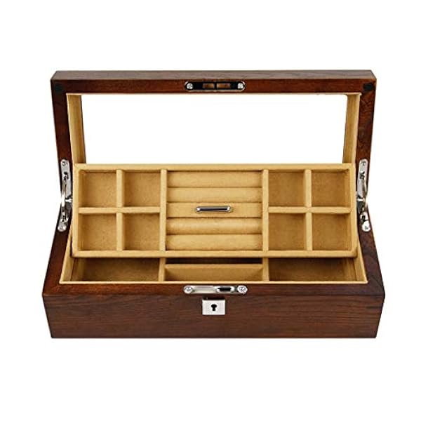 Houten horlogekast met glasplaat en sluiting, multifunctionele bewaarsieraden, armbanden, kettingen, ringen of andere kleine voorwerpen